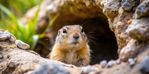 A gopher marmot ground squirrel peers out from its burrow entrance in a rocky outcropping