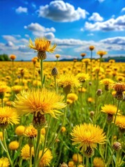 Obraz premium Large field of bright yellow knapweed flowers swaying in the breeze on a sunny day