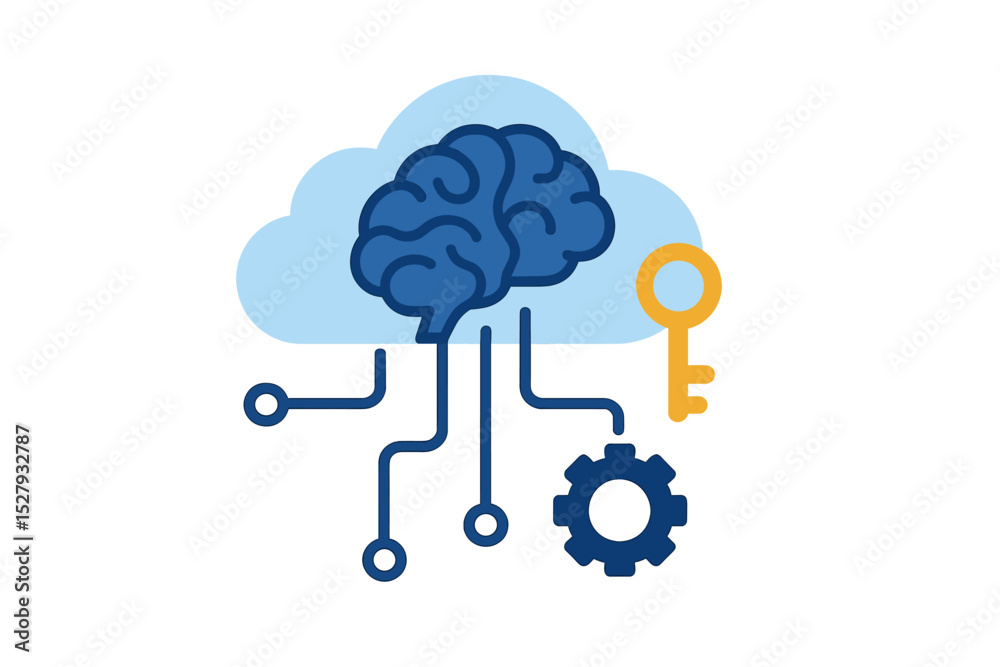 Poster brain cloud computing with key and gear connecting with artificial intelligence