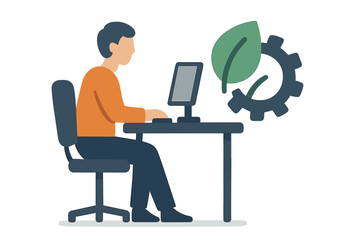 Person sitting at desk, working on computer, with green leaf and gear symbolizing eco technology