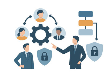 Business teamwork and data security concept illustration featuring flowchart