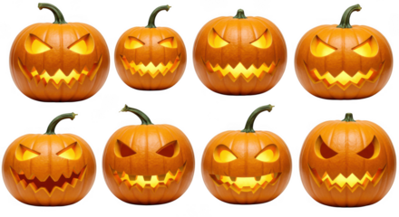 Group of carved pumpkins with spooky faces for halloween decoration isolated on transparent background
