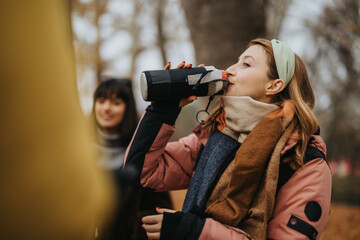 A young woman in warm clothing drinking from a bottle while spending time outside on a cold day.