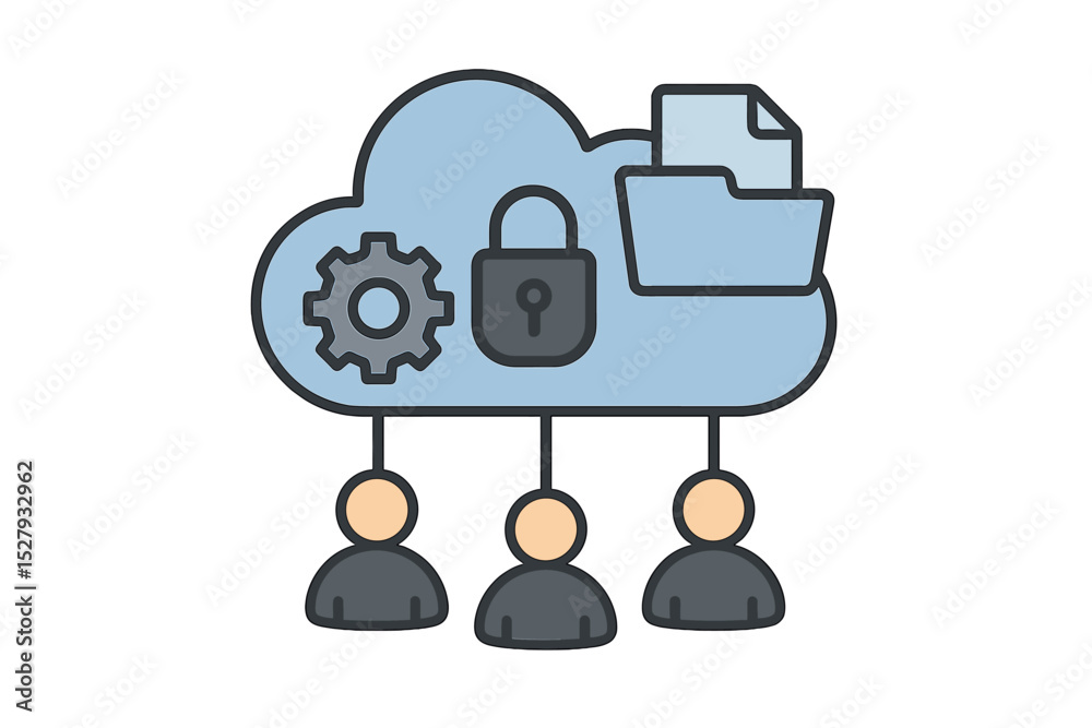 Aufkleber cloud computing cartoon icon illustrating secure data storage and sharing with multiple users