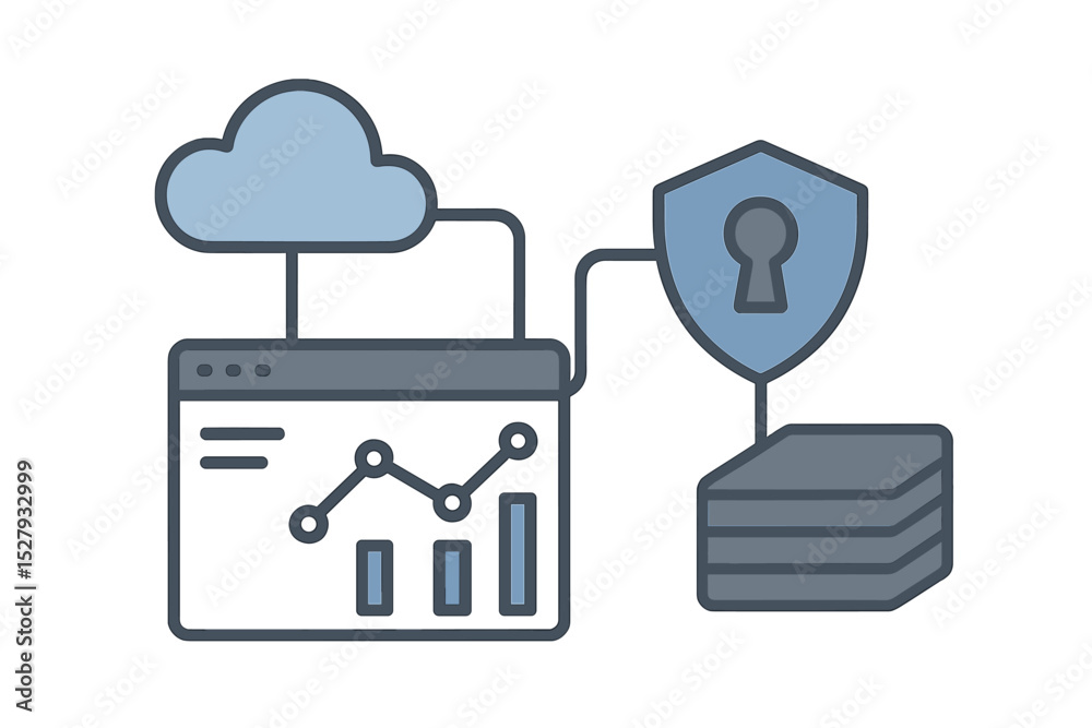 Poster cloud computing cybersecurity with data analytics, shield and database protection, vector style