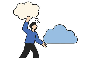 Man holding thought bubble and reaching for cloud computing vector illustration
