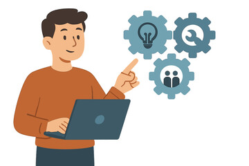 Man with Laptop Presenting Business Solutions represented by Gears with Icons