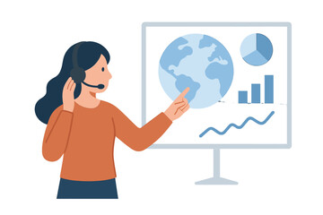 Woman wearing headset presenting global business data and statistics on a white board