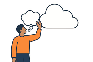 Person holding a thinking cloud and a speech cloud cartoon vector illustration icon isolated