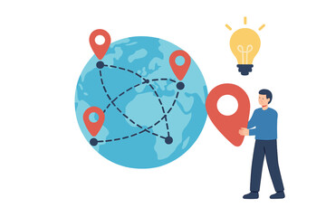 Man putting location pin on globe with connected markers as idea illuminates