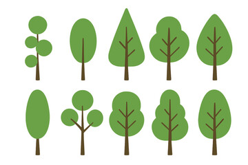 Green trees set vector illustration, minimal and simple cartoon tree icons isolated