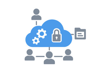 Cloud computing data sharing network management with gears and padlock isolated
