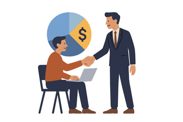 Businessman shaking hands with a man using a laptop in front of a financial pie chart