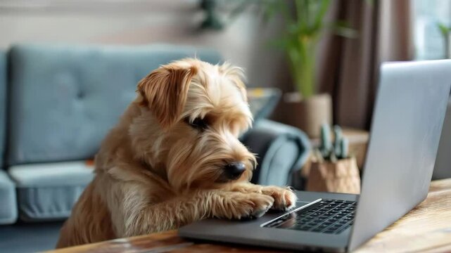 Dog terrier breed is sitting on a chair and working on laptop inside an apartment. 