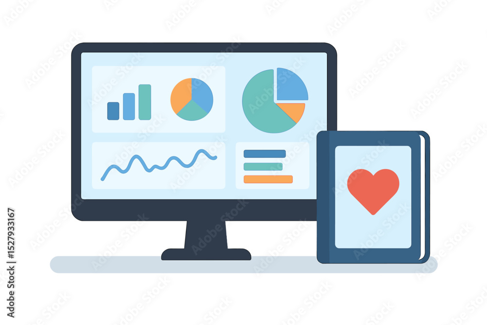 Poster computer displaying charts with a tablet showing a heart, isolated vector
