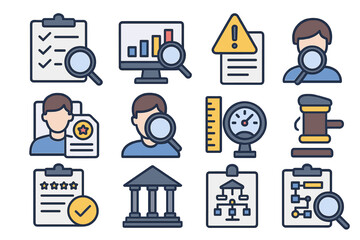 Business analysis and compliance icons set with clipboards, graphs, and legal symbol