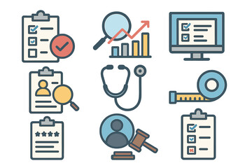 Healthcare quality cartoon vector icons representing legal aspects, data analysis, medical research, and patient evaluation