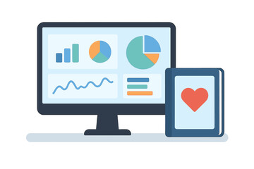 Computer displaying charts with a tablet showing a heart, isolated vector