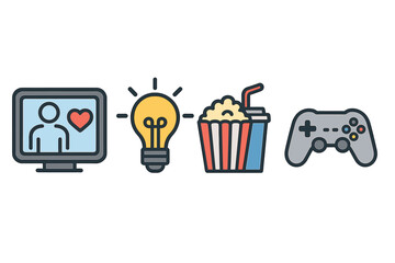 Entertainment icons showing video call, creativity, snack, and gaming in simple flat design