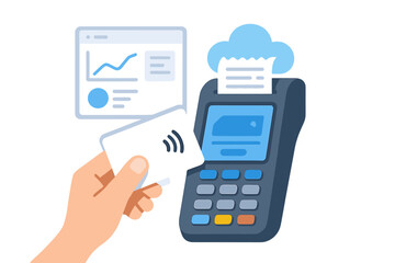 Hand holding contactless card near Pos terminal and chart display