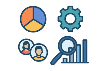 Business icons presenting graphs, gear, people, and a magnifying glass, cartoon vector illustration icon isolated