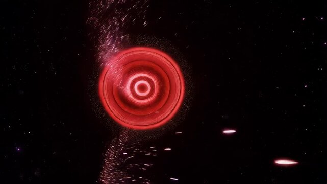 A vibrant, swirling pink accretion disk surrounds a central black hole, with streaks of light extending outwards against a starry black background