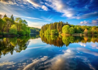 Obraz premium Serene lake scenery with reflections of trees and sky