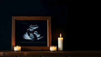 Ultrasound photo in frame with candles as a symbol of loss, miscarriage, grief