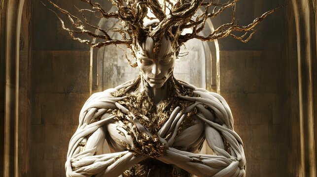 Humanoid tree figure in meditation, with bark texture and branching roots. Concept :Nature fusion, meditation, mythological being, human-tree hybrid, spiritual transformation