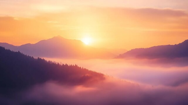 Magical Sunrise Over Misty Mountain Range with Vibrant Colors and Silhouetted Trees