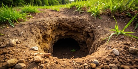 Dark earthy gopher hole with dirt walls and soil on the ground