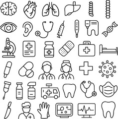 Naklejka premium Medical and Healthcare Line Icon Set – 36 Editable Stroke Vector Icons