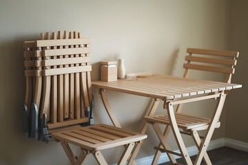 A Set of Stackable Wooden Folding Chairs and a Matching Table