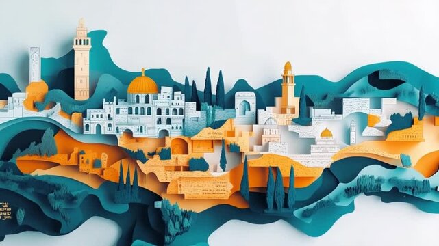 Detailed Paper Cut Animation of Jerusalem Skyline with Dome and Tower Landmarks