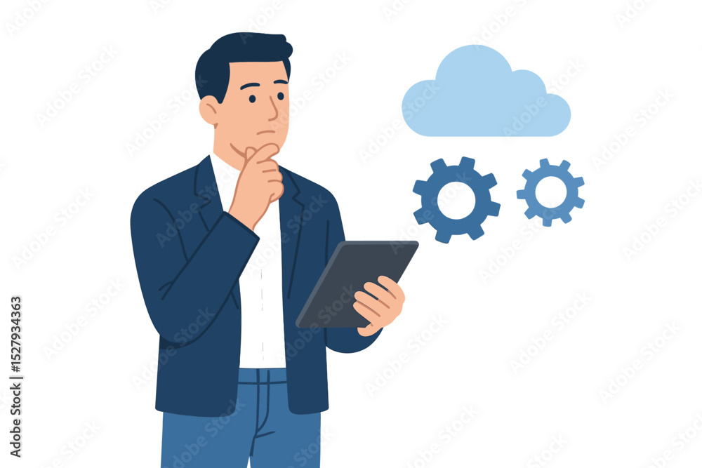 Poster man analyzing cloud computing data on tablet device with gears above, isolated vector art