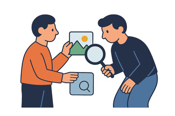 Cartoon people analyzing images with magnifying glass and search icon isolated