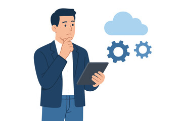 Man analyzing cloud computing data on tablet device with gears above, isolated vector art