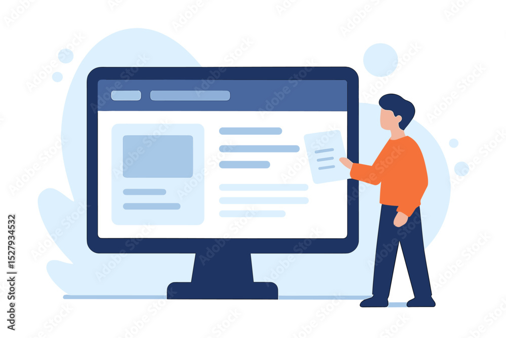 Poster man presenting document next to computer monitor with website design on screen
