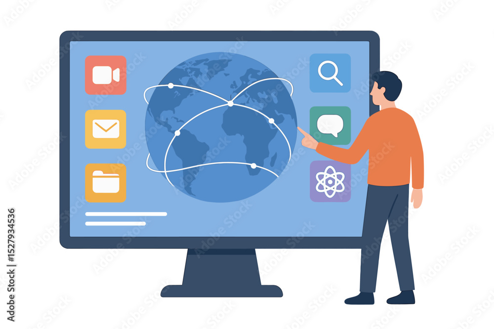 Poster man interacting with global network on computer screen with various application icons