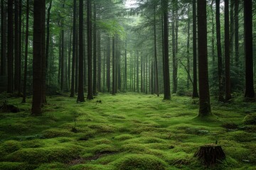 Fototapeta premium Tranquil Forest: Lush Green Moss and Tall Trees in a Serene Woodland.
