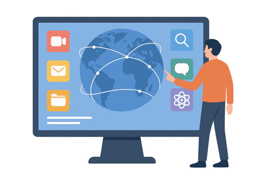 Man interacting with global network on computer screen with various application icons