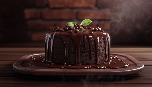 Decadent Devil'S Food Chocolate Cake On Dark Wooden Background Captured In Low Key Format: Rich And Tasty Dessert Photography.