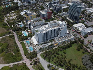 A stunning drone view of Miami Beach South Pointe showcasing the beach, park, and iconic skyline buildings.