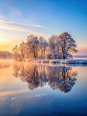 Fototapeta premium Serene Fures? Lake at dawn with mist rising from water's surface and surrounding trees covered in snow