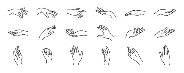 Female hands line. Outline elegant woman hand gestures. Beautiful palm and fingers icons in one line fashion minimalist style, vector set. Illustration hand collection woman, pretty elegant lady