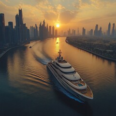 Luxury yacht near Dubai marina at sunset