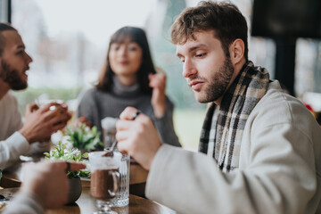 A group of friends sharing warm drinks and conversations in a comfortable and welcoming cafe setting.