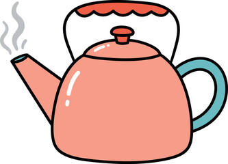 Cartoon Teapot Clipart – Cute Pink Kettle Illustration with Steam for Kitchen, Tea, and Cooking Designs

