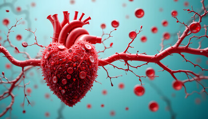 Title: Glowing Human Heart with Detailed Blood Vessels, Dynamic Medical Illustration