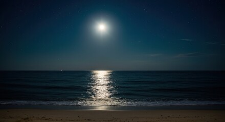 Serene Night Sky Over Ocean with Moonlit Reflection on the Water Surface